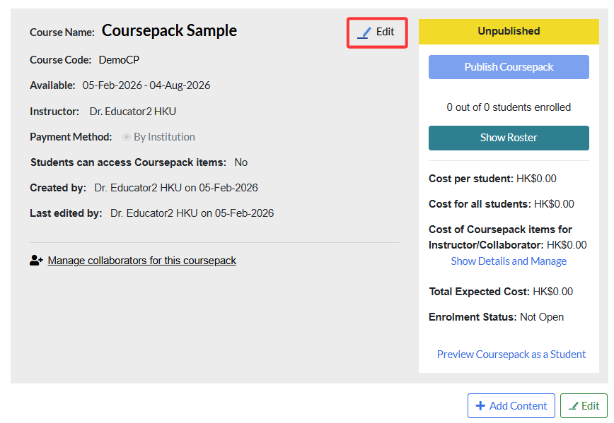 you can edit coursepack information